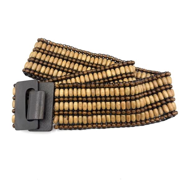 Vintage Stretch Beaded Belt w/ Wood Buckle – 2.5" Wide Boho Y2K Festival - Picture 8 of 9